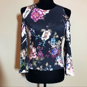 NEW vibrant floral open shoulder long sleeve top